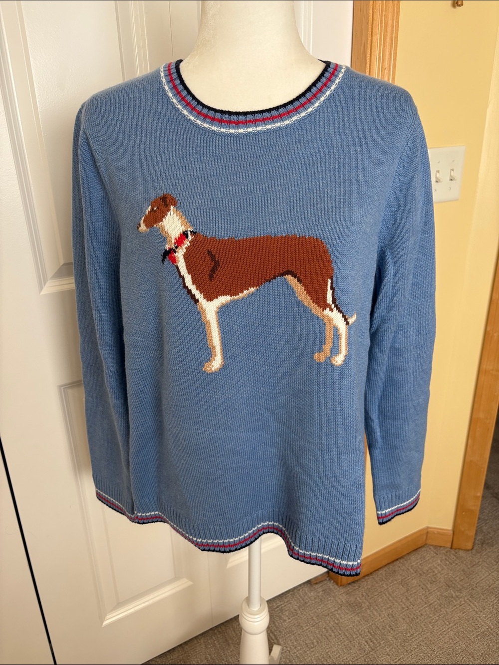 Talbots Blue Crewneck Sweater with Dog Intarsia